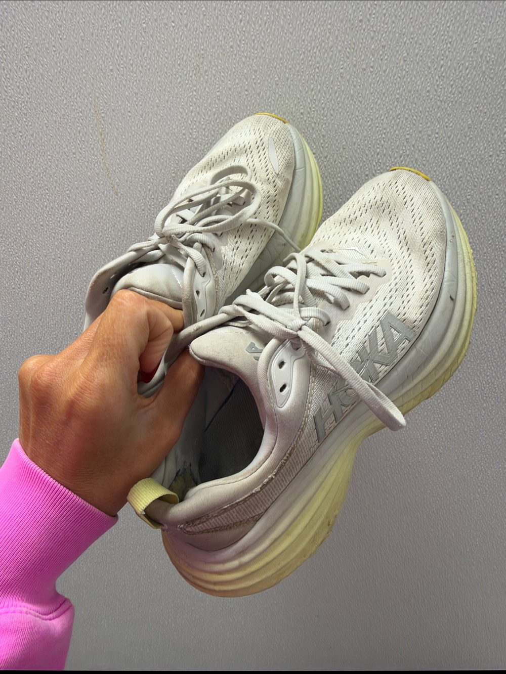 Hoka One One Women's Light Gray Sneakers with Pale Yellow Soles